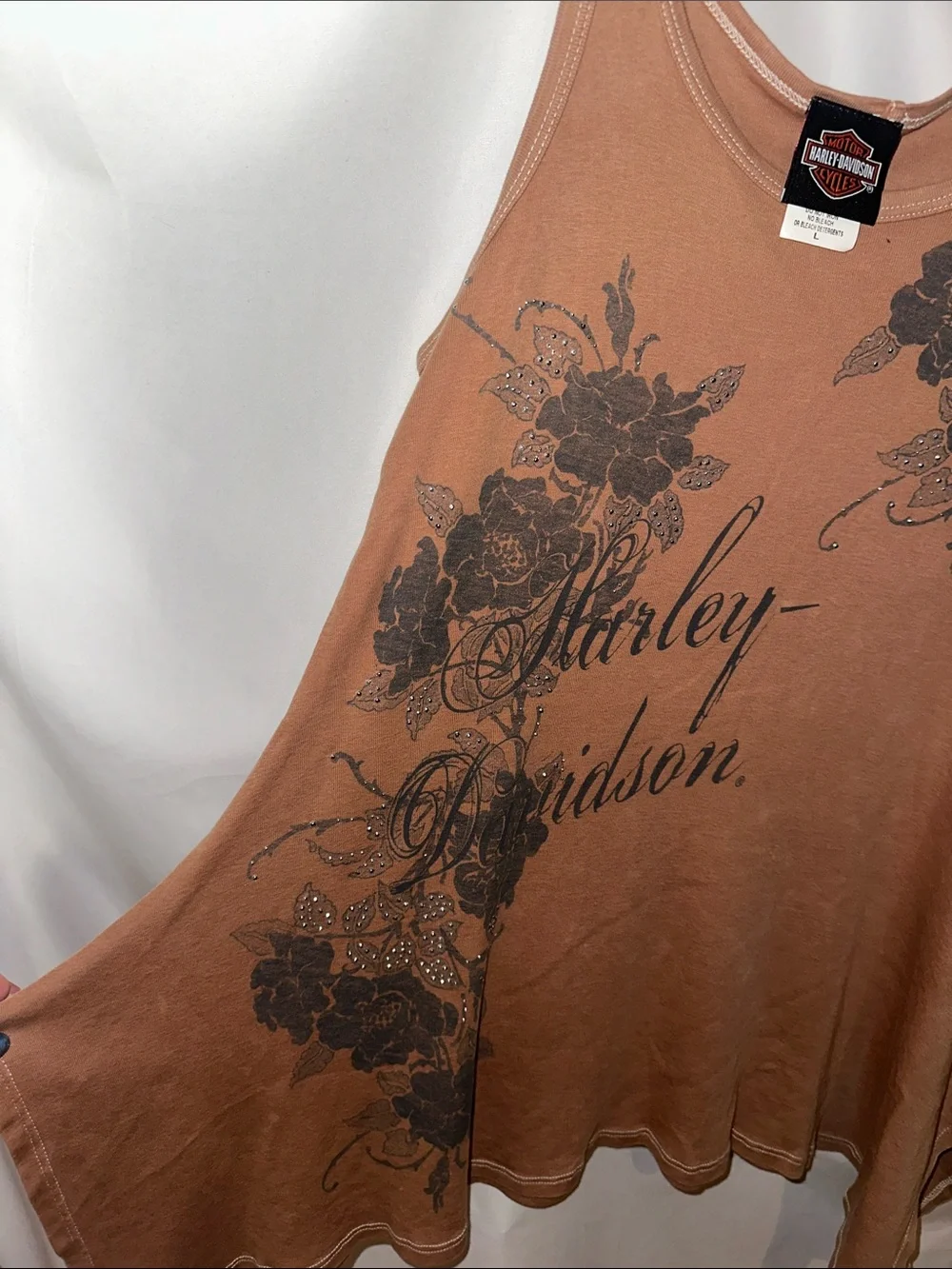 Harley-Davidson Tan Floral Logo Handkerchief Hem Tank - Picture 3 of 11